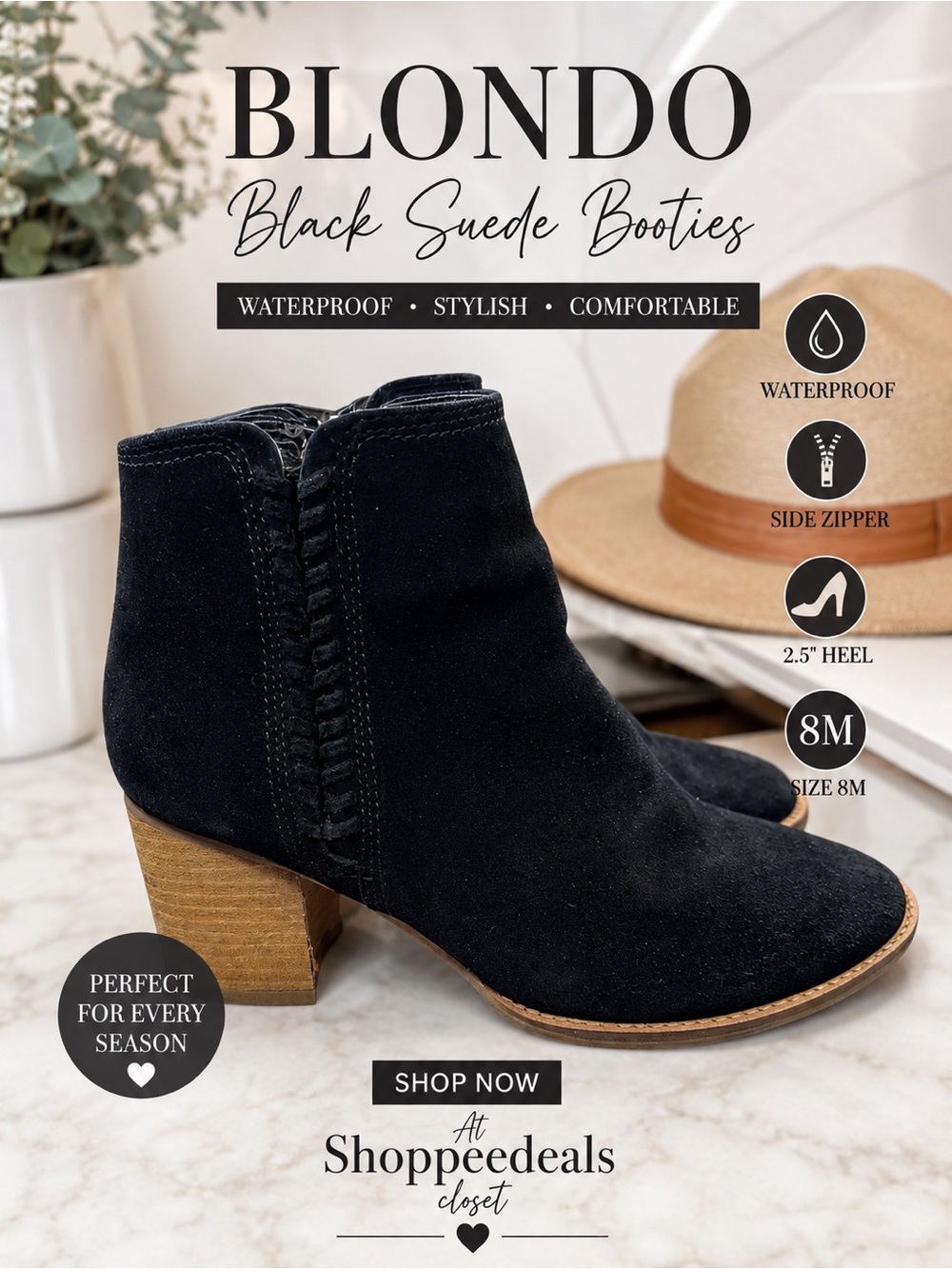 Blondo Women’s Black Suede Booties 8M Waterproof 2.5 inch Heel